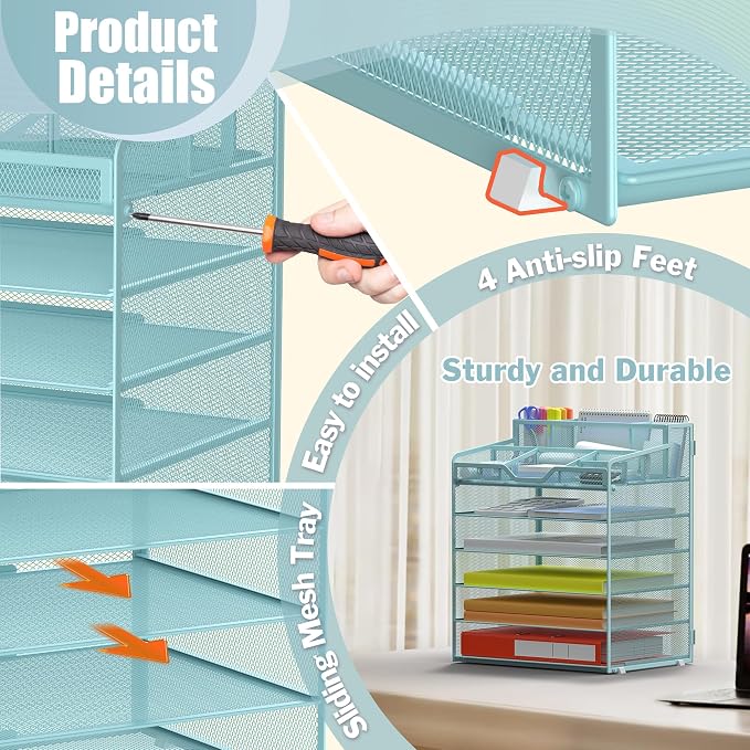Docnest 6 Tier Mesh Desk Organizer for Paper Office Supplies – Multi-Functional Letter Tray with 5 Adjustable Compartments, 7 Pen Holders, Desktop Storage for Files, Mail, Stationery – Blue