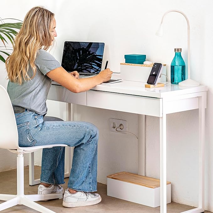 NATURE SUPPLIES Set of 2, Wood Cable Management Boxes, Large and Medium Cord Organizer to Hide Wires and Power Strips for TV, Desk, Computer, Router, Cable Storage and Home Office Organization, White