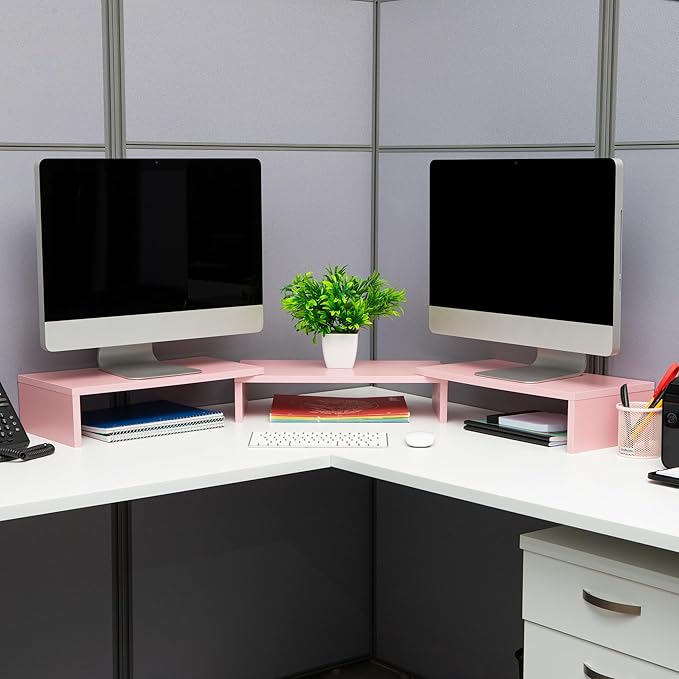 Mind Reader Dual Monitor Stand, Desktop Organizer, Laptop Riser, Office, MDF, 51.25"L x 9.25"W x 4.75"H, Pink