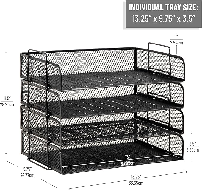 Mind Reader Stackable Paper Tray, Desktop Organizer, File Storage, Office, Metal Mesh, 4 Pcs., Black