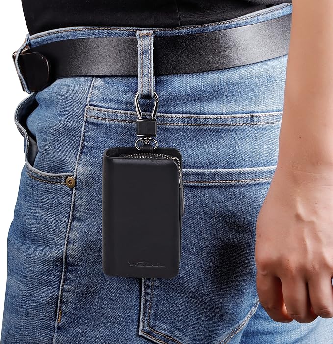 VISOUL Car Key Case Holder Double Zipper, Leather Car Smart Key Fob Case with Keychain for Men and Women