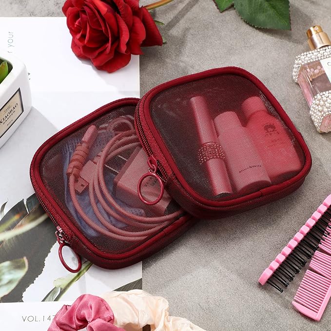 Weewooday 4 Pcs Mesh Makeup Bag Mesh Cosmetic Bag Travel Toiletry Pouch with Zipper Mini Makeup Cosmetic Purse for Daily Accessory(Small,Wine Red)