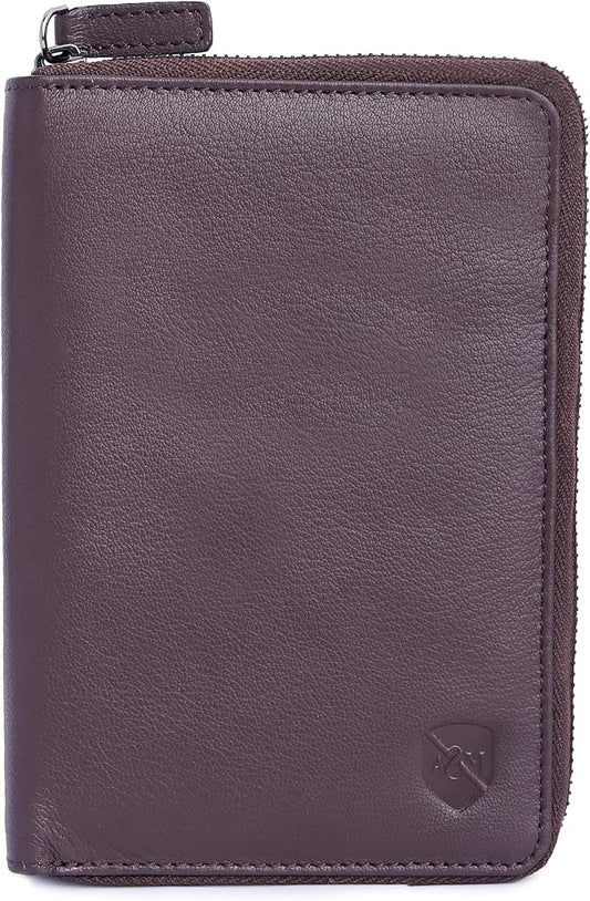 ALLEN & MATE 100% Leather Passport Holder for Travel RFID Blocking Passport Wallet for Men & Women - Zippered Compact Travel Document Organizer Fits Passport, Cash, Cards, SIM, ID and Tickets