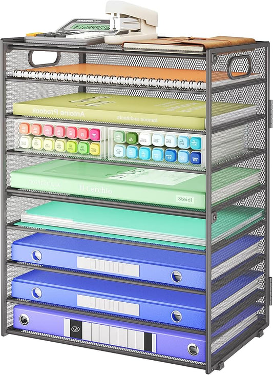 SUBEKYU 9 Tier Paper Organizer for Desk - Gray Metal Mesh Letter Tray File Paper Sorter Organizer Include 6 Pcs Adjustable Height Slid Tray with Handles for Office School Home Organization Storage