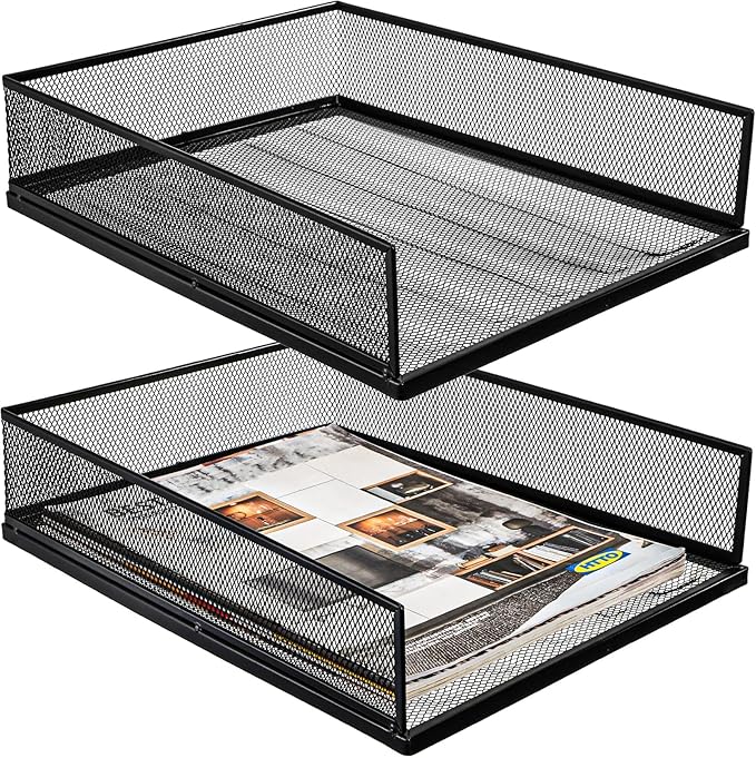 YOUEON 2 Pack Wire Mesh Letter Trays 12.8"x10"x2.9", Stackable Paper Tray Organizer for Desk, Metal Desk Magazine File Holder for Home, Office, School