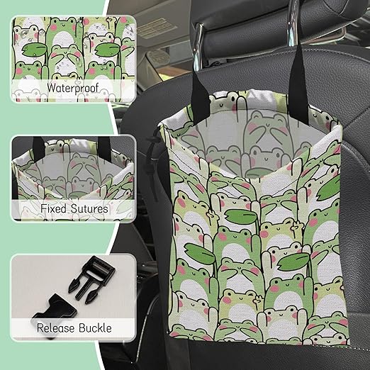 Cute Frog Car Garbage Bag,Waterproof Small Car Trash Bag Hanging Back of Seat,Drawstring Hanging Car Trash Bag with Adjustable Buckle for Car Accessories