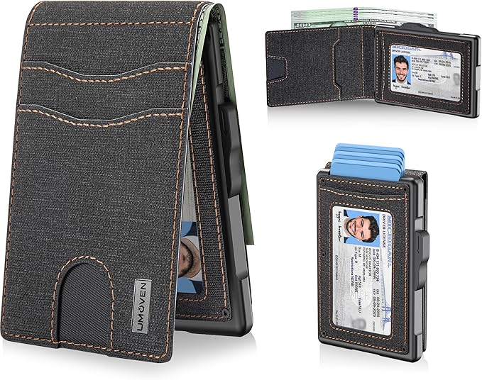 umoven Wallet for Men - Pop Up Case, Cash Slot, and Credit Card Slot - Slim Aluminum Wallet with RFID Blocking, Minimalist Leather Wallet Front Pocket with ID Window (Denim)