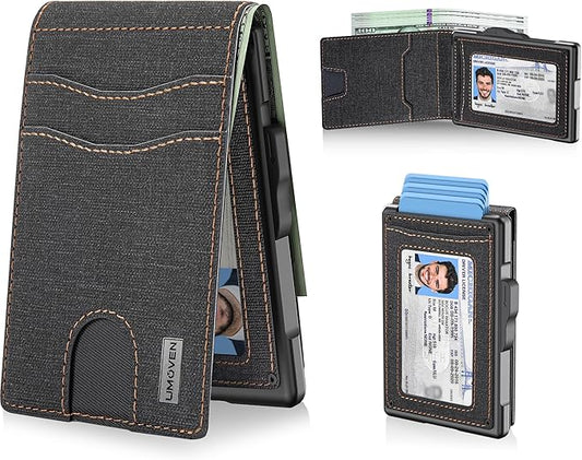 umoven Wallet for Men - Pop Up Case, Cash Slot, and Credit Card Slot - Slim Aluminum Wallet with RFID Blocking, Minimalist Leather Wallet Front Pocket with ID Window (Denim)