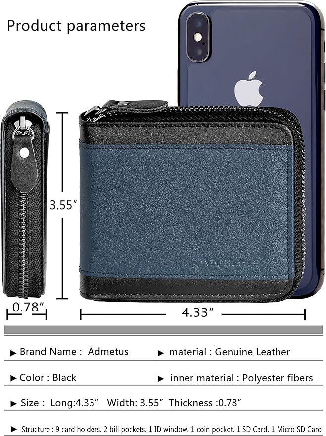 Admetus Mens RFID Blocking Wallets Zipper Leather Wallet for Men Bifold RFID Card Holder
