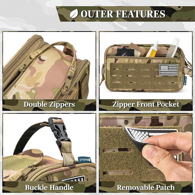 PAVILIA Tactical Toiletry Bag for Men, Water Resistant Molle Military Dopp Kit, Travel Hygiene Organizer with Wet Dry Storage for Shaving, Grooming, Gym and Camping, Camo XL