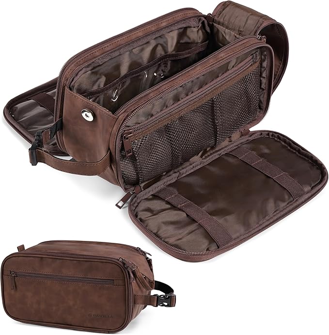 PAVILIA Toiletry Bag for Men, Hanging Travel Dopp Kit Organizer, PU Leather Water Resistant Bathroom Bag for Shaving Grooming, Large Capacity Cosmetic Bag Travel Essentials, Dark Brown