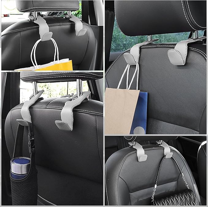 LivTee Gray Superior Leather Car Seat Back Headrest Hook, Auto Seat Hook Hangers Interior Accessories for Purse Coats Umbrellas Grocery Bags Handbag, 2-Pack