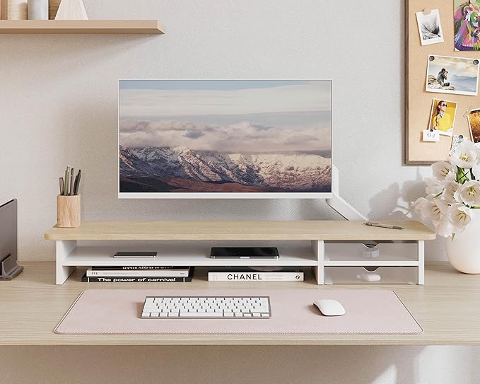 Fenge Dual Monitor Riser with Drawer & 4 Tier Desktop Organizer, Oak