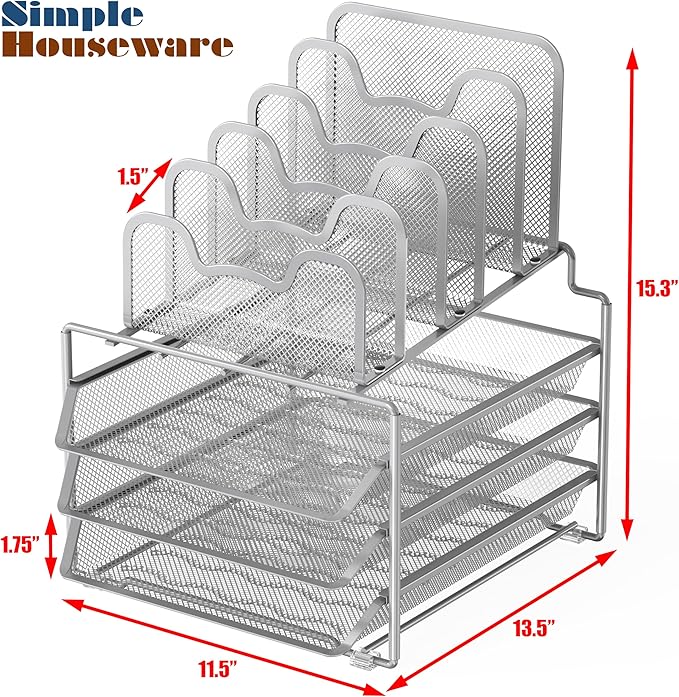 Simple Houseware Desk Organizer with 3 Sliding Tray and 5 Stacking Sections, Silver