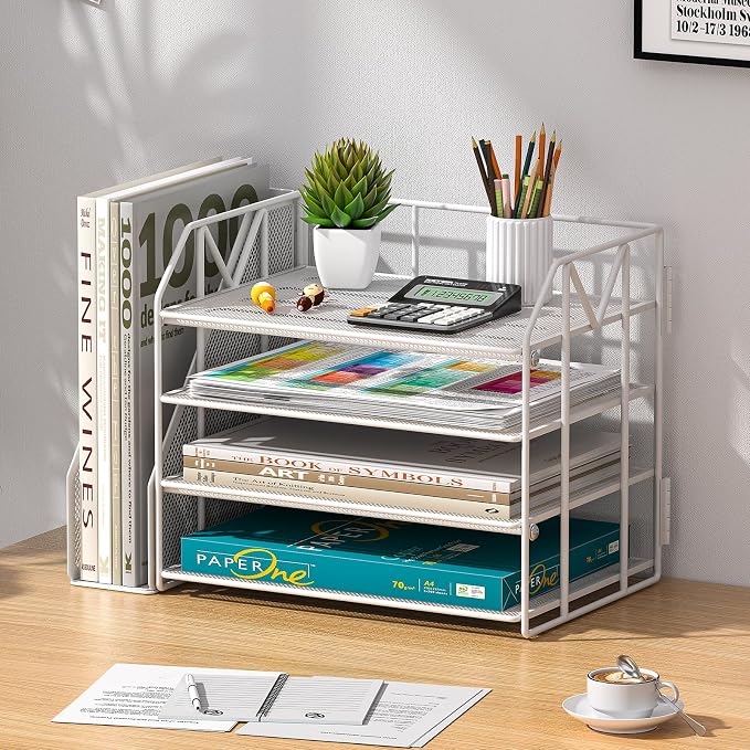 4-Tier Paper File Organizer with Bookend, Metal Desk Organizer, Tiered Paper Tray for Letter/A4 Files, Desktop Office Supplies Storage Rack for Home Office, Classroom, School & Work, White