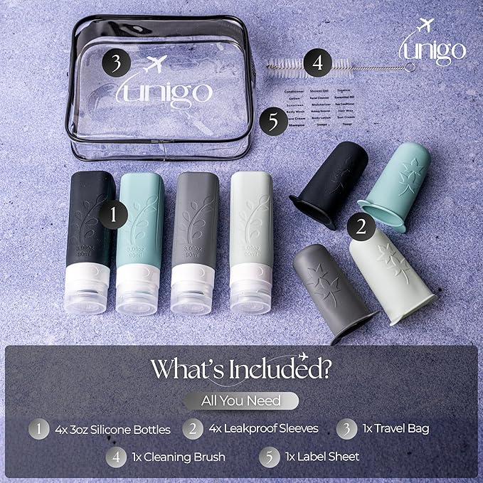 unigo Travel Bottles Set for Toiletries - Leakproof Refillable Travel Size Containers, TSA Approved Bottles with Labels, Brush & Covers for Carry-On Travel