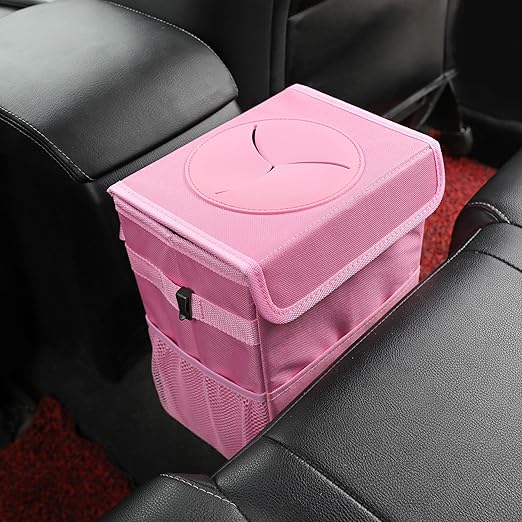 AOKJOY Car Garbage can with lid Leak Proof Vehicle Trash Can 3 Storage Pockets Hanging Waterproof car Trash Bag for SUV Pink
