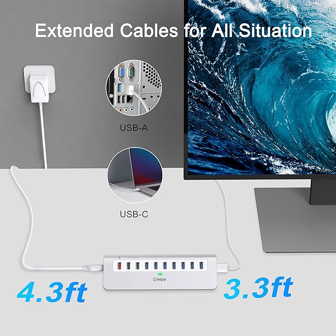 Powered USB Hub 10Gbps, 10 Port USB 3.2 Gen 2 Hub with 7 USB 3.2 Data Ports, 3 Fast Charging Ports, 36W Power Adapter, Type A and Type C Cable, Aluminum USB Data Hub for Mac, PC, Laptop