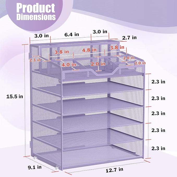 Docnest 6 Tier Mesh Desk Organizer for Paper Office Supplies – Multi-Functional Letter Tray with 5 Adjustable Compartments, 5 Pen Holders, Desktop Storage for Files, Mail, Stationery – Purple