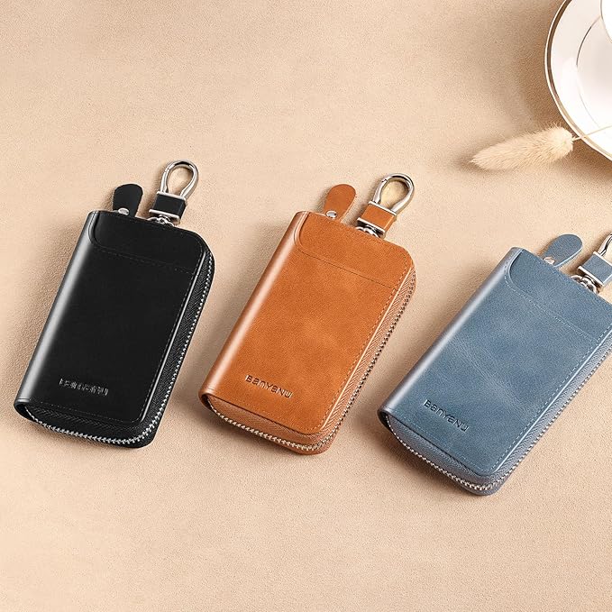 Car Key Case for Men and Women, Apricot Genuine Leather Card Holder Wallet Keys Pouch Organizer Bag with 6 Keychain Hooks, 3 Cards Slot (Apricot w/Keychain)