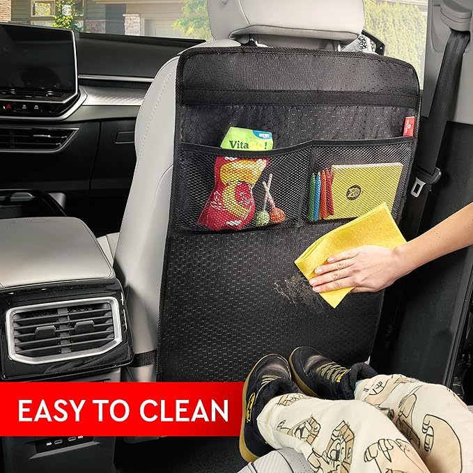 Helteko Back Seat Protector for Car, 2 Pack Premium Kick Mats for Kids, Extra Large Car Seat Cover for Backseat with Mesh Pockets, Waterproof Dirt & Mud Protection, Black