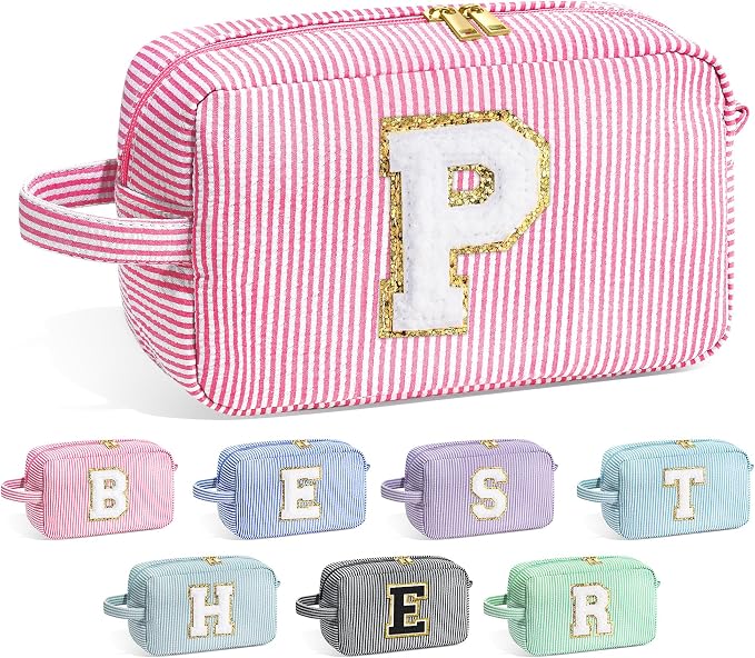 YOOLIFE Initial Cosmetic Bag for Women - Monogram Cute Makeup Bag Cosmetic Case Toiletry Pouch for Women Her Best Friend Sister Teacher, Personalized Birthday Gifts for Women, Pink P