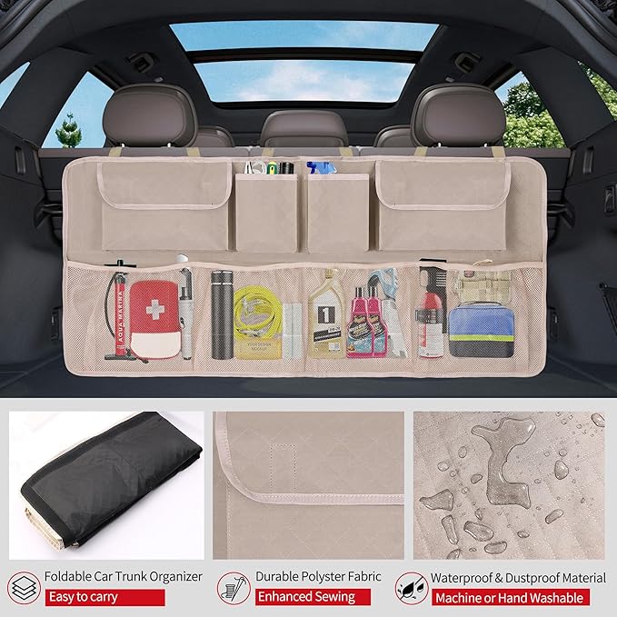 Car Trunk Organizer and Storage, Large Capacity Backseat Hanging Storage Accessories, Backseat Car Organizer for SUV/MPV/Truck (Khaki)