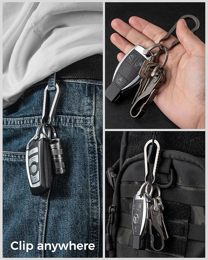 FEGVE Titanium Key Chain Clip with Side-Pushing Key Ring & 2/3inch D Ring for Car Fob Keys