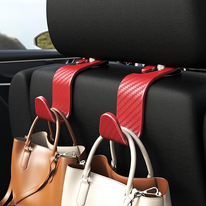 Amooca Car Seat Headrest Hook 4 Pack Hanger Universal Vehicle Car Storage Organizer for Handbag Purse Coat S Type Checkered Red