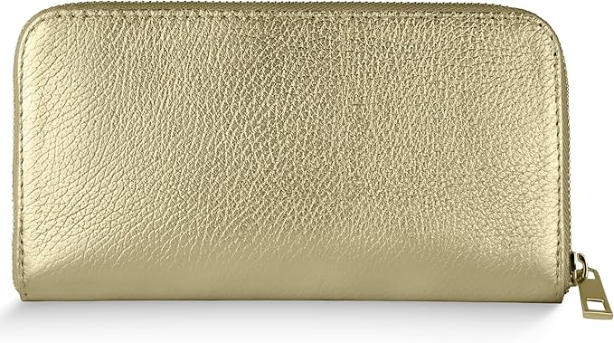 Italian Genuine Metallic Leather Wallet for Women with 3 Compartments & Zip Close | Small Rectangular Card Holder (Gold)