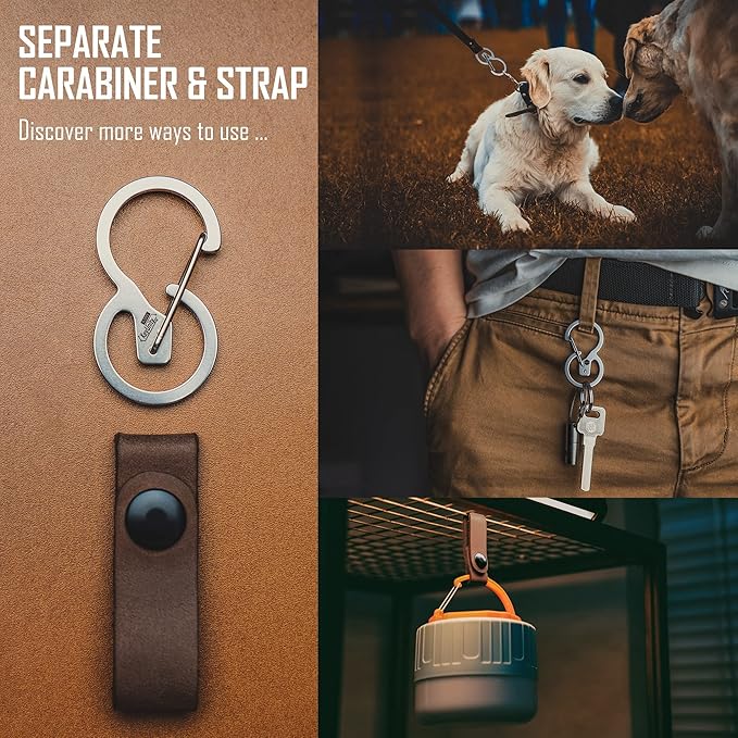 KeyUnity KS03 Leather Belt Keychain with 420 Stainless Steel Carabiner Clip - Multi-Use Key Holder for EDC Outdoor, Home & Travel