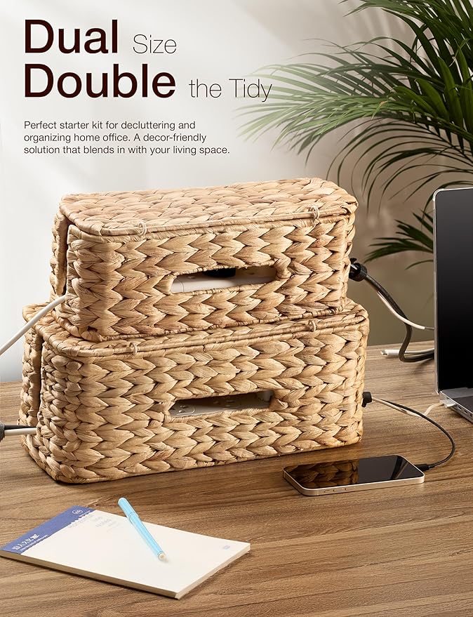 Set of 2 Wicker Large Cable Management Box - Cord Box Hider for Home, Office - Water Hyacinth Cable Hider Box, Surge Protector Box for TV Wires, Computer - Power Strip Box - 3 Slots, Secure Lid