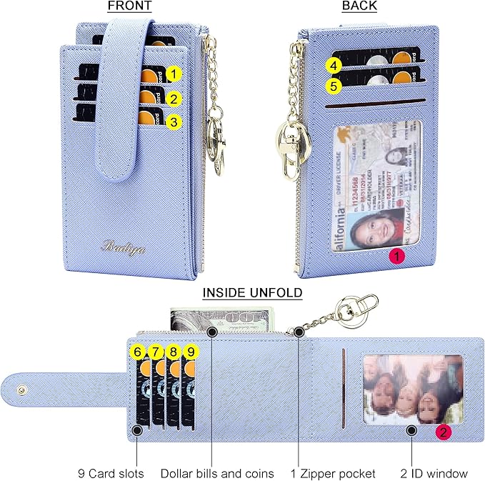 Badiya Slim Women Wallet RFID Blocking Bifold Compact 9 Card Slots Holder Wallets Soft Leather with Zipper Coin Pocket 2 ID Window