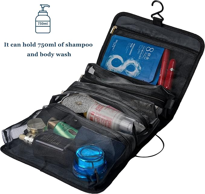 BONNY DODO Toiletry Travel Bag Can Hanging Large Roll-Up Makeup Organizer Bag with 3 Detachable Transparent Mesh Folding Cosmetic Travel Bags for Women & Men Black Toiletries Organizer Bag