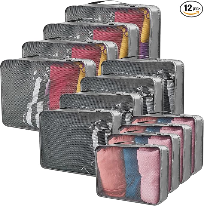 Silkfly 12 Pcs Packing Cubes for Suitcase Travel Luggage Bags Bulk Mesh Organizer Set for Hiking Camping Backpacking Clothes Accessories (Gray,XL, L, M Size)