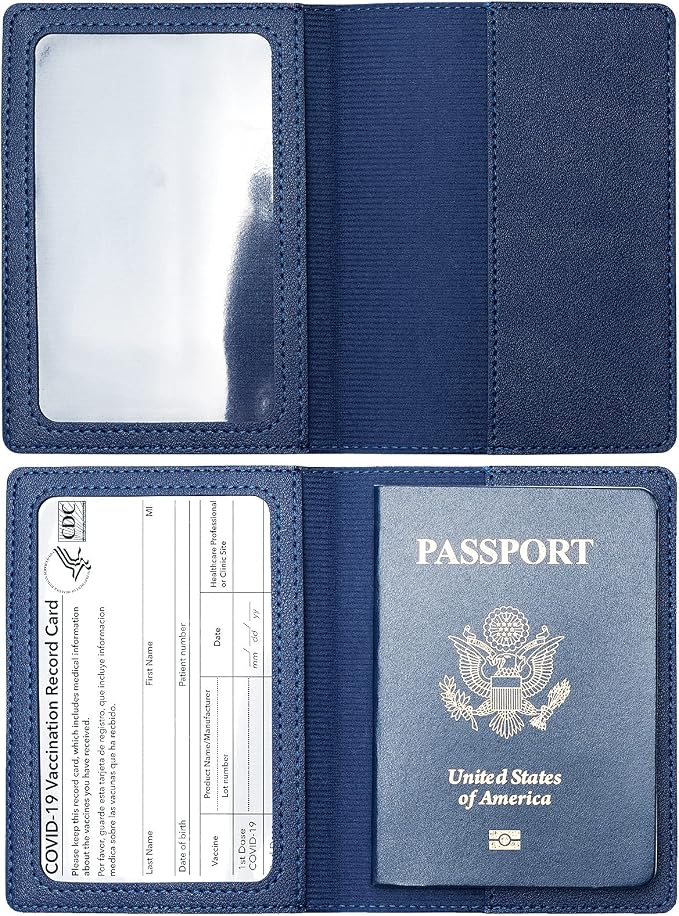 2 Pack Passport covers and Vaccine Card Holder PU Leather Passport Wallet Vaccine Case Protector Slot Travel Passport Wallets for Women & Men (Black&Blue)