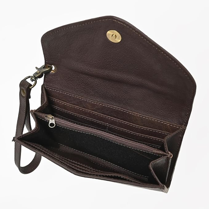 Merbaa Western Leather Wallet for Women, Hair-On Vegetable Tanned Leather Clutch Aztec Wristlet Purse, Card Cases & Money Organizers Bifold Cash Phone Slim Organizer with Card Slots, Zip Coin Pocket