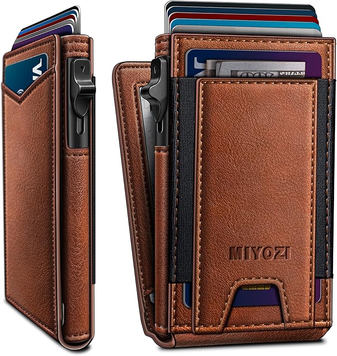 miyozi Wallet for Men, Slim Pop Up Card Holder - RFID Blocking Minimalist Bifold Wallet with ID Window, Holds 9-11 Cards & Stretchable Strap, Metal Flip Case with Magnetic Closure, Gift Box