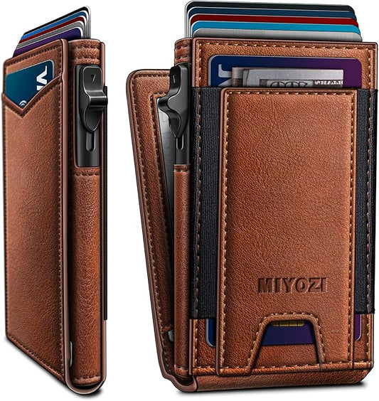 miyozi Wallet for Men, Slim Pop Up Card Holder - RFID Blocking Minimalist Bifold Wallet with ID Window, Holds 9-11 Cards & Stretchable Strap, Metal Flip Case with Magnetic Closure, Gift Box