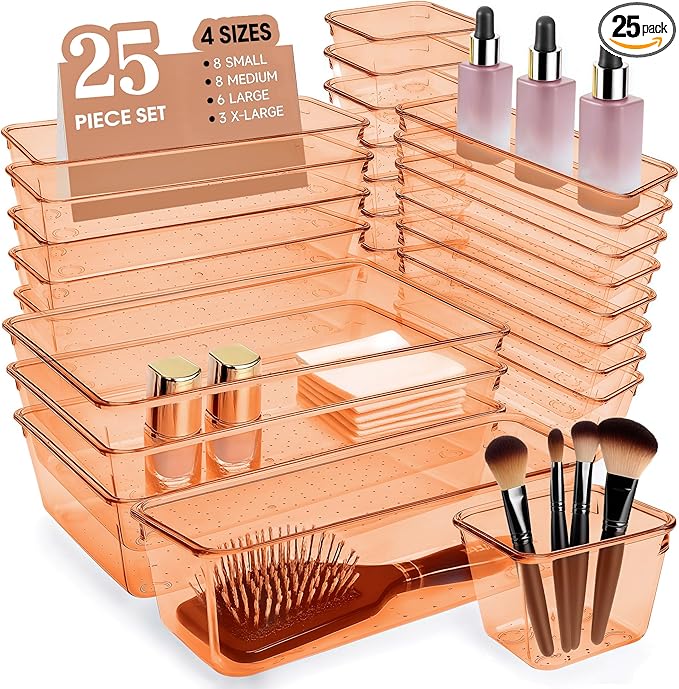 Coffee Acrylic Drawer Organizers Set Storage for Makeup, Office Desk Small Vanity Trays for Drawer Bathroom Plastic Make up Organizers 25 Pcs