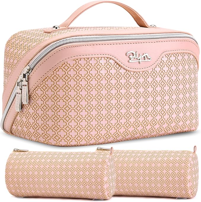 BOYATU Travel Makeup Bag for Women: Four Leaf Clover Large Capacity 3 Pcs Set Cosmetic Bags - Waterproof 50% Extra Space for Toiletry Organizer - Travel Essentials for Fortunate (03 Pink)