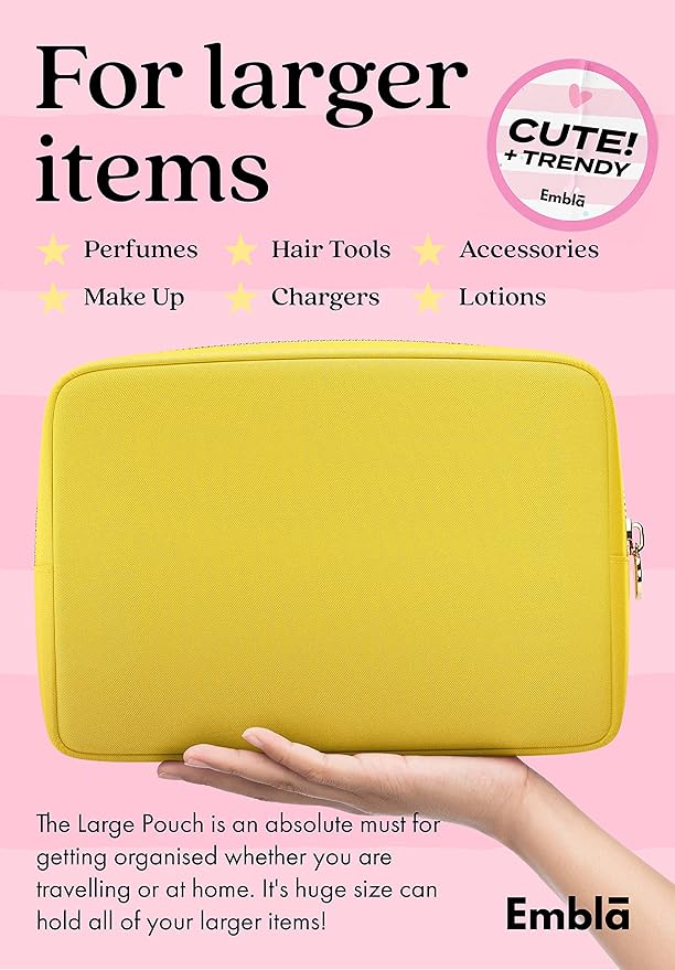 Embla Large Makeup Bag and Waterproof Nylon Travel Toiletry Bag, Large Capacity Cosmetic Zipper Pouch, Yellow