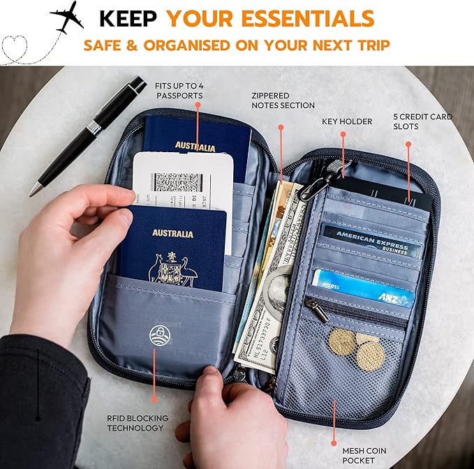 Zoom Lite Premium Travel Document Organizer, Travel Wallet Passport Holder Family 4 with RFID Protection and Removable Wristlet - Fits Cards, Money for Women and Men Passports Bag– Black