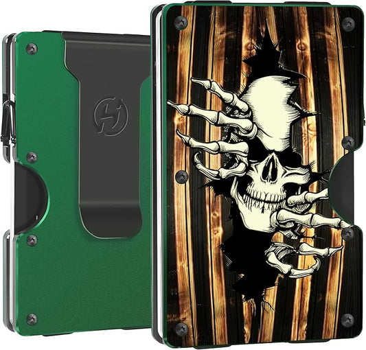 Men Minimalist Metal Wallet | Wooden Skull | Slim Engraved Aluminum Credit Card Holder | Personalized RFID Blocking EDC Tactical Wallets | Mini Front Pocket