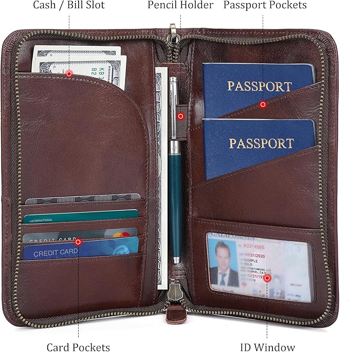 Polare Full Grain Leather Passport Holder With YKK Zipper RFID Blocking Travel Document Organizer Ticket Holder Cover Case Holds 2 Passports (Coffee)