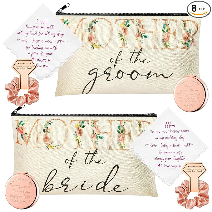 Y1tvei 8Pcs Mom Flower Mother of the Groom and Bride Gifts Set Mother of the Bride Canvas Cosmetic Bag Small Makeup Mirror Handkerchief Rose Gold Scrunchies Engagement Wedding Gifts for Mum in Law