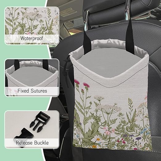 Wild Flowers Car Garbage Bag,Botanical Herbs Waterproof Small Car Trash Bag Hanging Back of Seat,Drawstring Hanging Car Trash Bag with Adjustable Buckle for Car Accessories