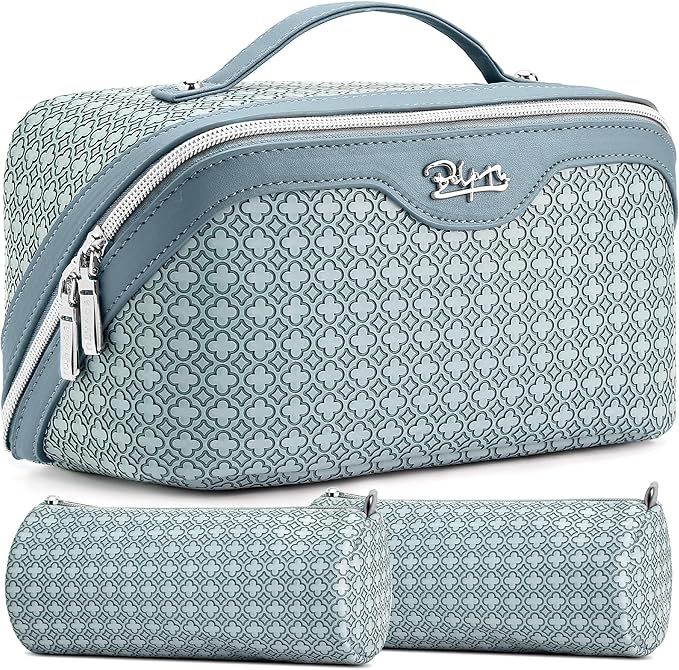 BOYATU Travel Makeup Bag for Women: Four Leaf Clover Large Capacity 3 Pcs Set Cosmetic Bags - Waterproof 50% Extra Space for Toiletry Organizer - Travel Essentials for Fortunate (04 Light Blue)