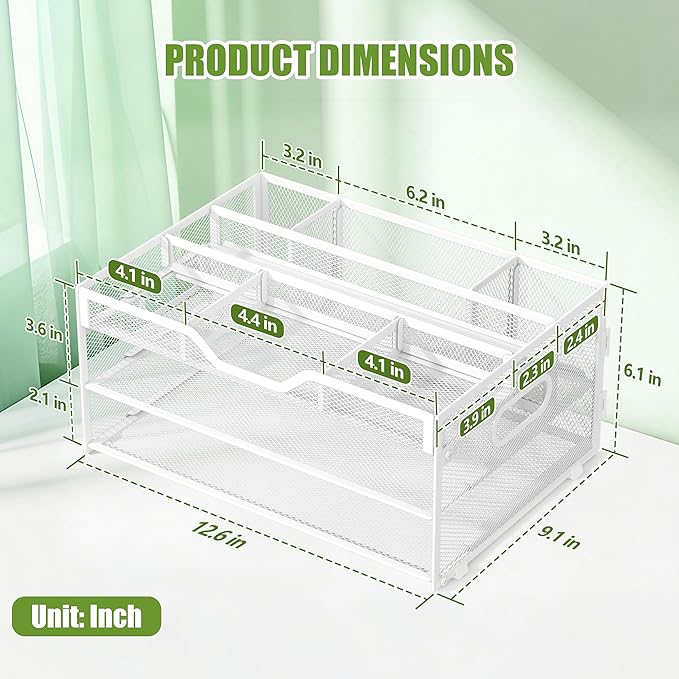 3-Tier Letter Paper Tray Desk Organizer, White Desktop File Rack Holder with 3 Drop in Pencil Holder and Sliding Tray for Office Classroom and Home Supplies Organization Storage