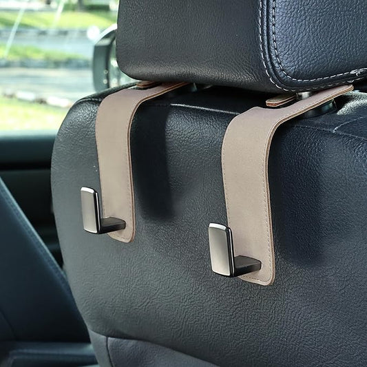 Car Seat Back Hook Metal with Suede Universal Vehicle Headrest Hangers Interior Storage Organizer for Purse Handbag Coat Grocery Bags 2 Pack Beige